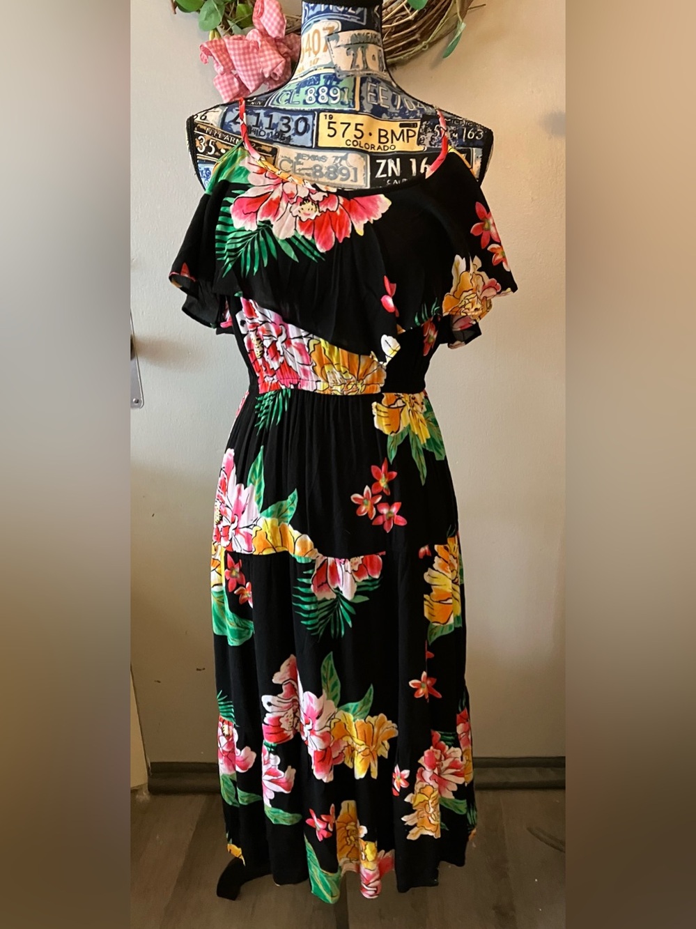 Size XS Old Navy Black Maxi Dress with Yellow & Pink Floral Print